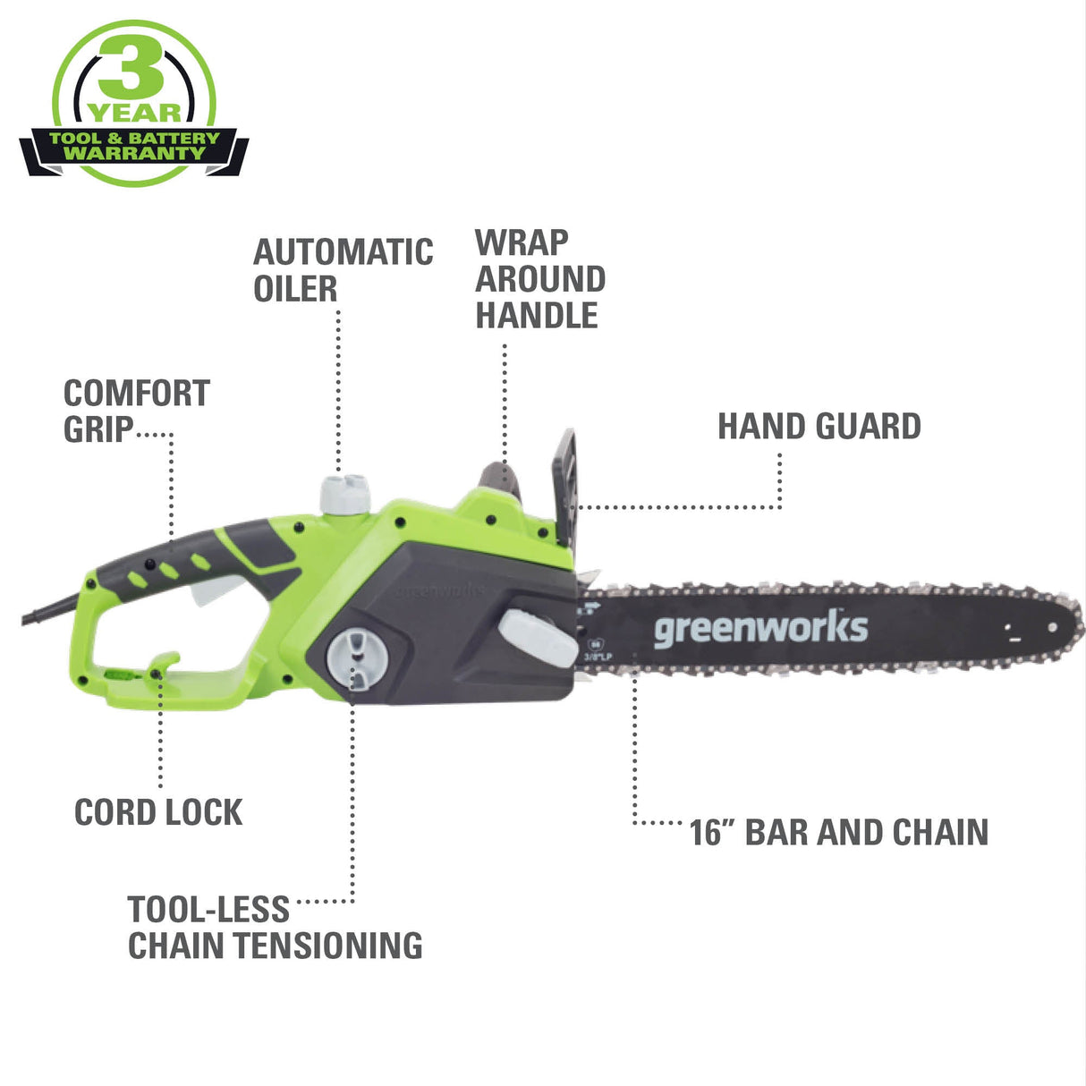 Scie à chaîne électrique de 12 A, 16 pouces