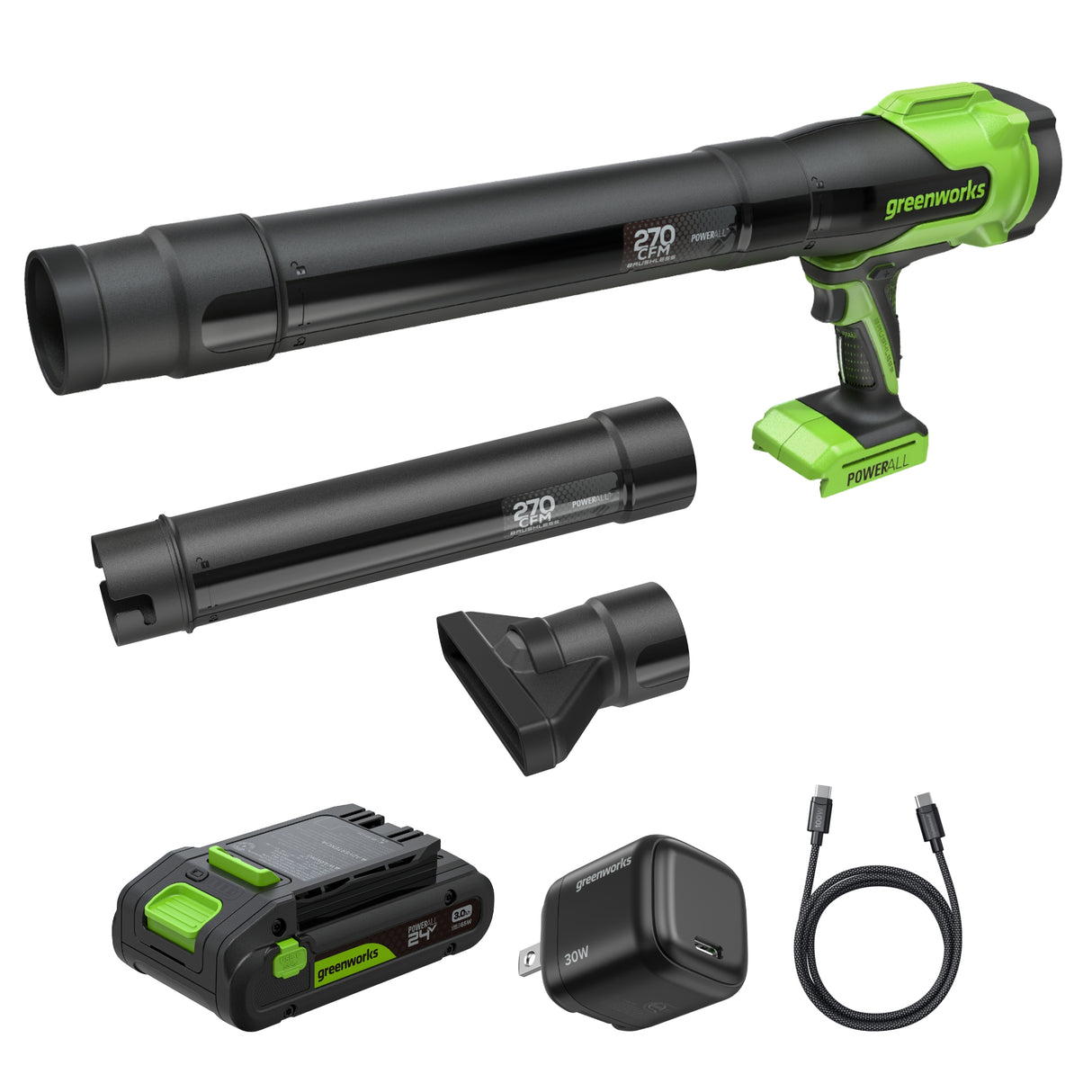 24V 270 CFM - 130 MPH Brushless Blower, 3.0Ah Battery and 30W Type-C Charger with 3-FT Cord Included