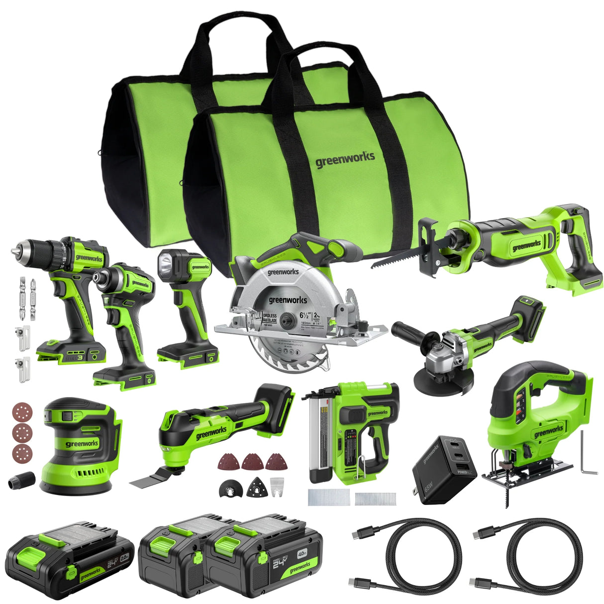 24V Brushless 10-Piece Power Tool Combo Kit, (2) 4.0Ah & (1) 2.0Ah USB-C Batteries & 65W Charger Included