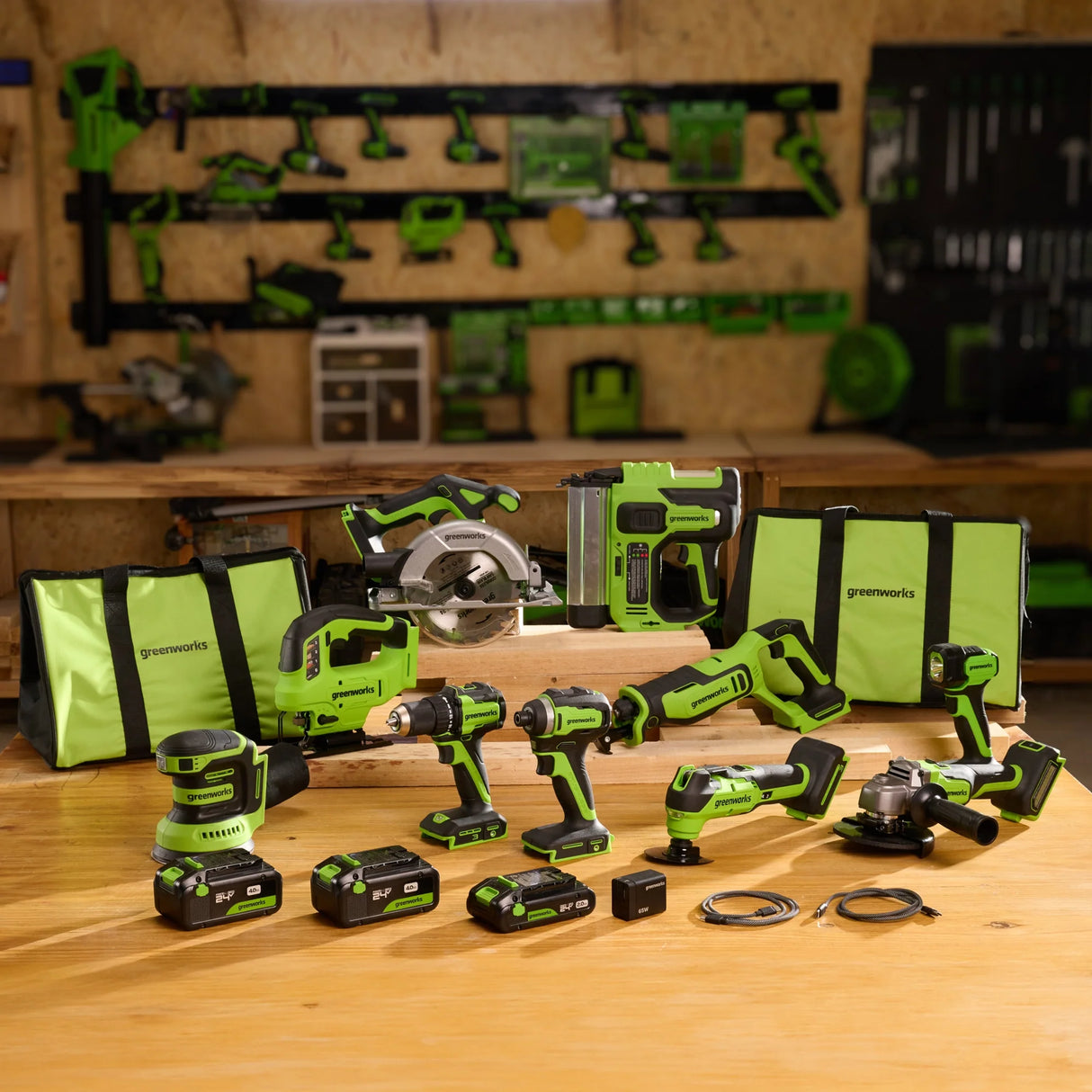 24V Brushless 10-Piece Power Tool Combo Kit, (2) 4.0Ah & (1) 2.0Ah USB-C Batteries & 65W Charger Included