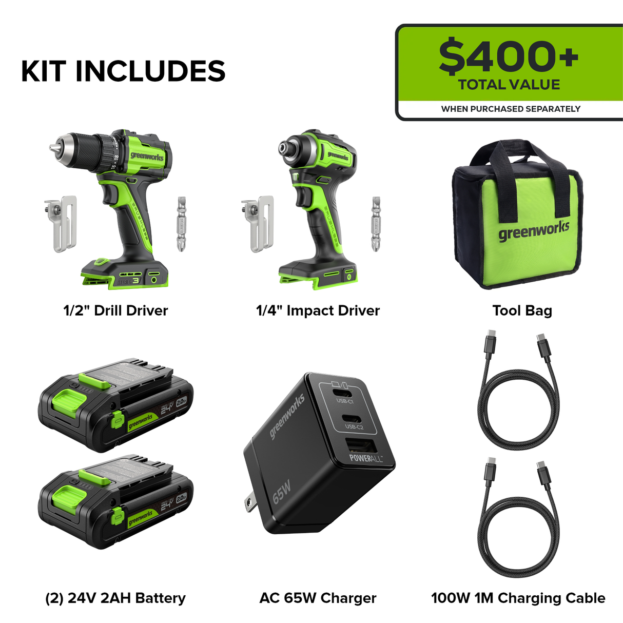 24V Cordless Battery 400 in-lbs Drill / Driver and 1950 in-lbs Impact Driver – (2) 2.0Ah USB-C Batteries & 65W USB-C Fast Charger Included