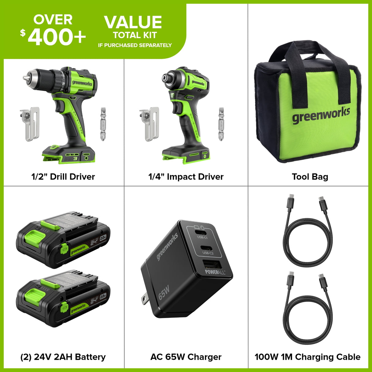 24V Cordless Battery 400 in-lbs Drill / Driver and 1950 in-lbs Impact Driver – (2) 2.0Ah USB-C Batteries & 65W USB-C Fast Charger Included