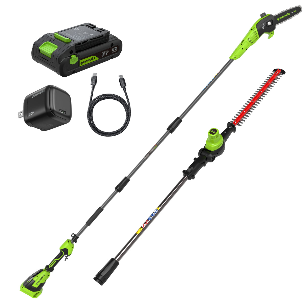 Ensemble 24 V de scie à perche à batterie, 8 pouces et taille-haie à perche, 20 pouces, avec batterie 2,0 Ah et chargeur Type-C 30 W avec câble de recharge 3 pieds inclus