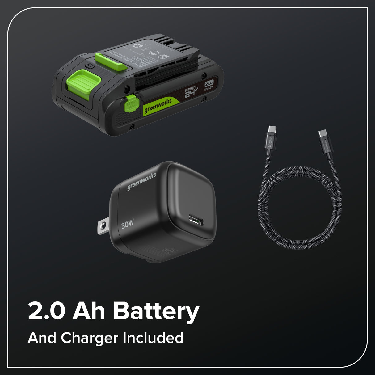 Ensemble 24 V de scie à perche à batterie, 8 pouces et taille-haie à perche, 20 pouces, avec batterie 2,0 Ah et chargeur Type-C 30 W avec câble de recharge 3 pieds inclus