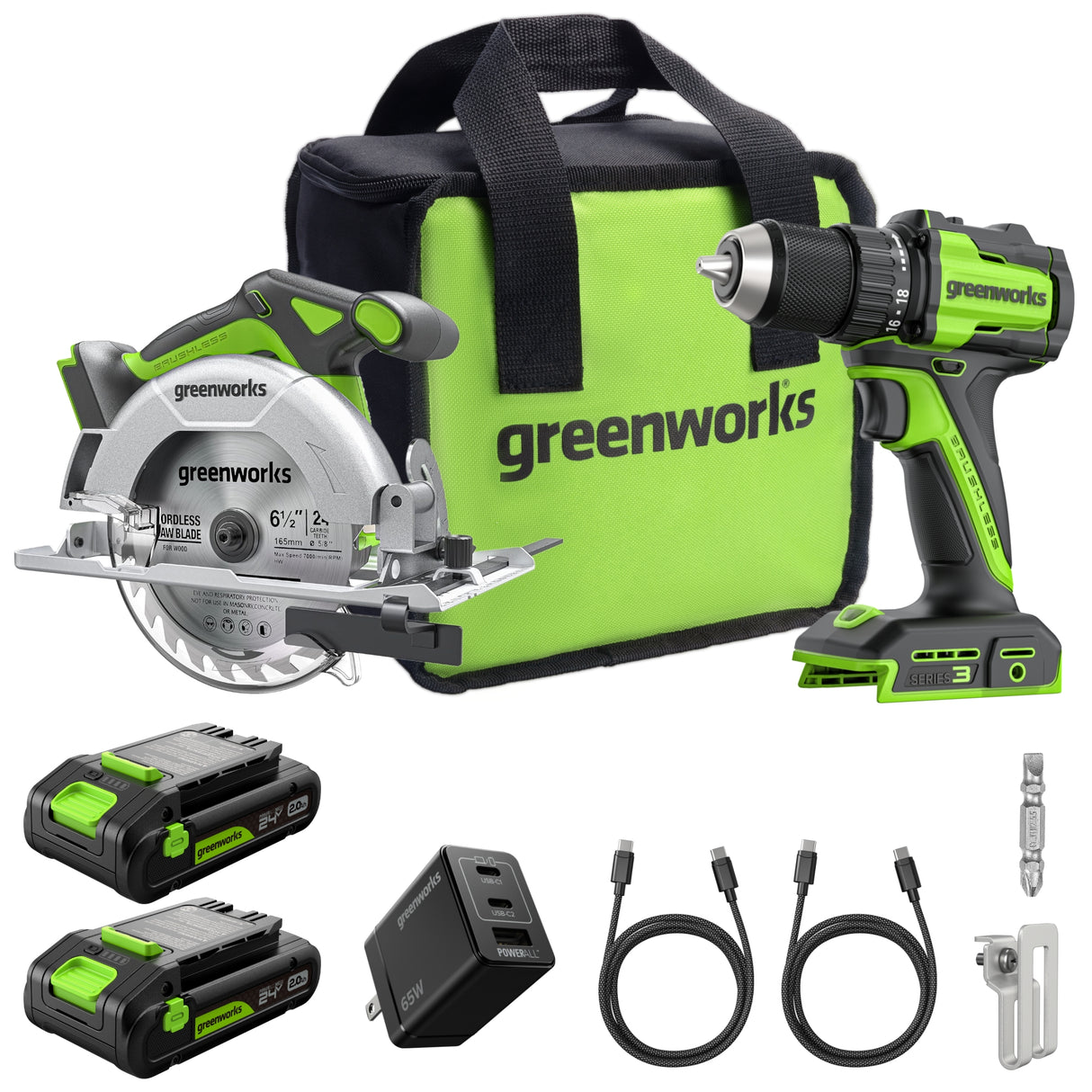 24V Brushless Drill/Driver & 6.5" Circular Saw Combo Kit – (2) 2.0Ah USB-C Batteries & 65W USB-C Fast Charger Included