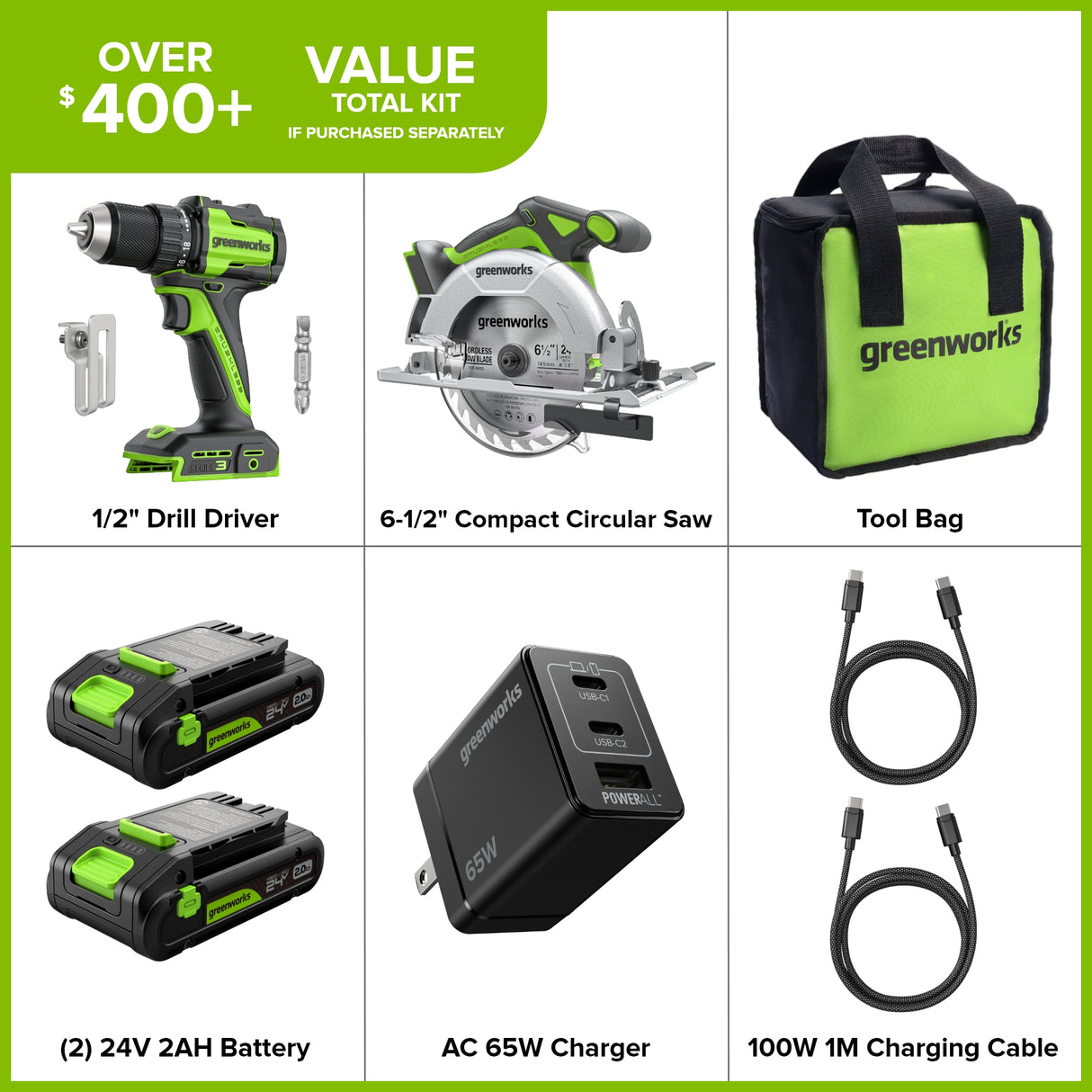24V Brushless Drill/Driver & 6.5" Circular Saw Combo Kit – (2) 2.0Ah USB-C Batteries & 65W USB-C Fast Charger Included