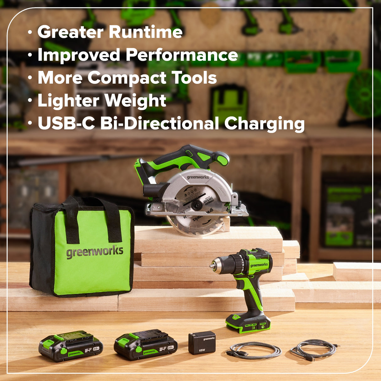 24V Brushless Drill/Driver & 6.5" Circular Saw Combo Kit – (2) 2.0Ah USB-C Batteries & 65W USB-C Fast Charger Included