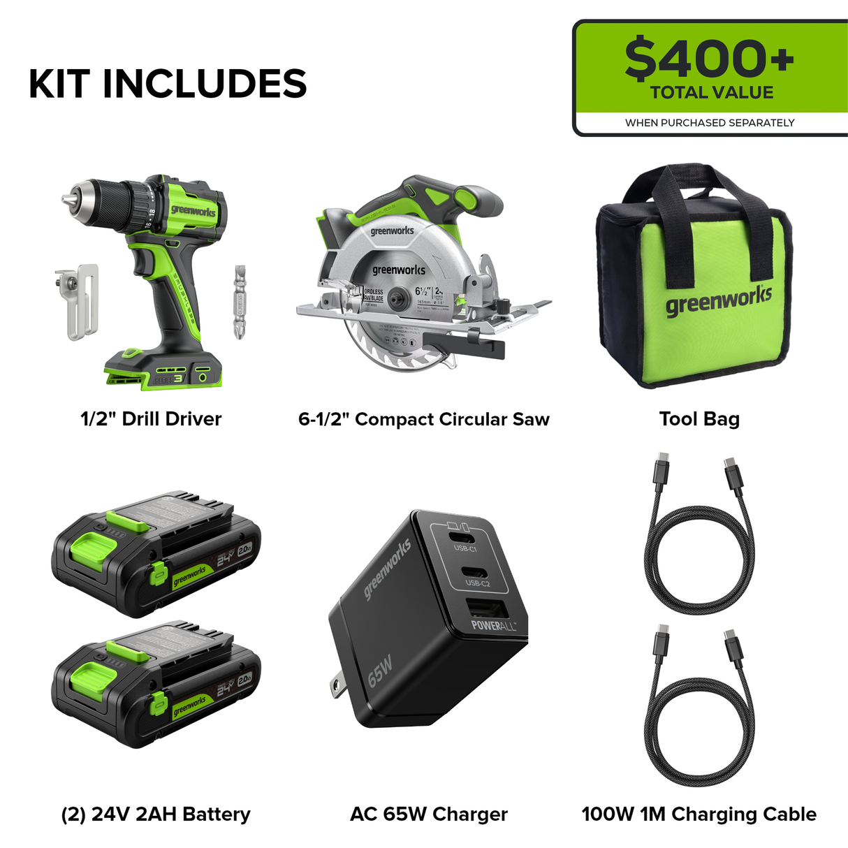 24V Brushless Drill/Driver & 6.5" Circular Saw Combo Kit – (2) 2.0Ah USB-C Batteries & 65W USB-C Fast Charger Included