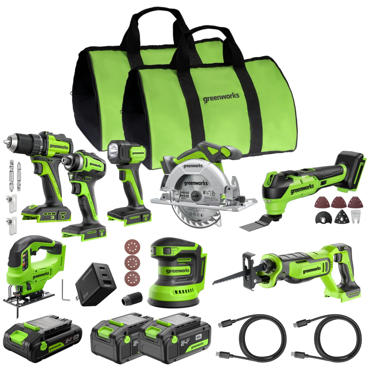 24V Brushless 8-Piece Power Tool Combo Kit, (2) 4.0Ah & (1) 2.0Ah USB-C Batteries, 65W USB-C Fast Charger Included
