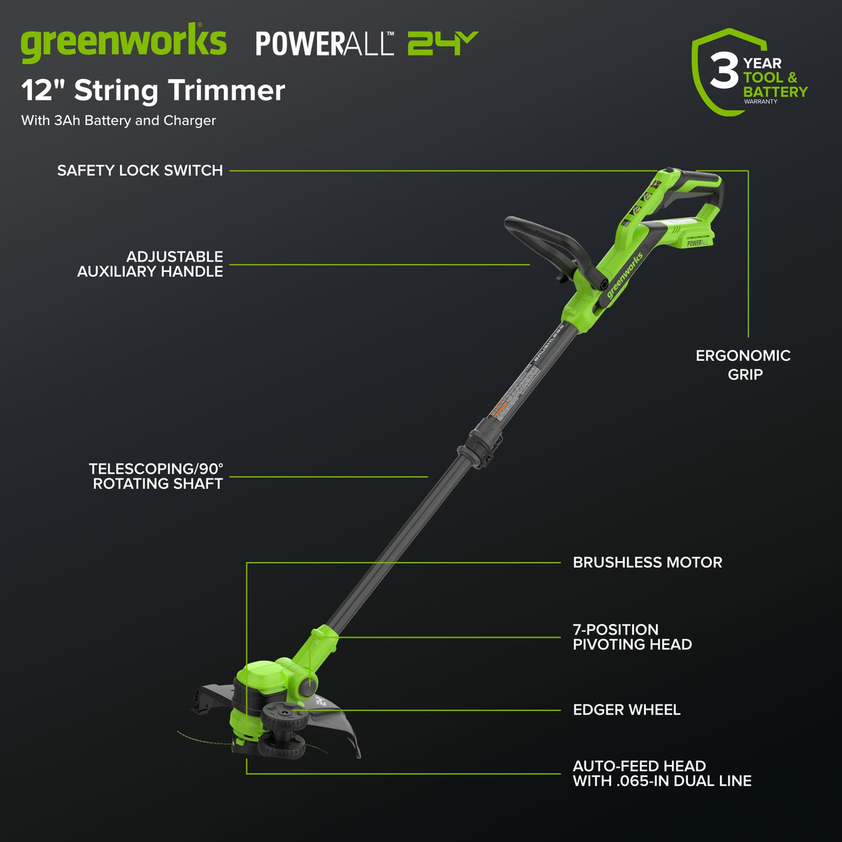 24V 12" Brushless String Trimmer & 515 CFM Blower, 3.0Ah Battery, 65W Type-C Charger and 3-FT Cable Included
