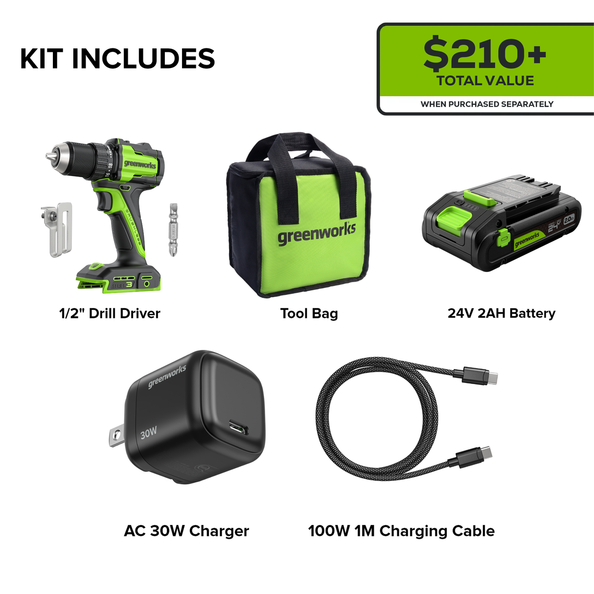 24V Cordless Battery 1/2" 400 in/lbs. Drill Driver – 2.0Ah USB-C Battery & 30W USB-C Fast Charger Included