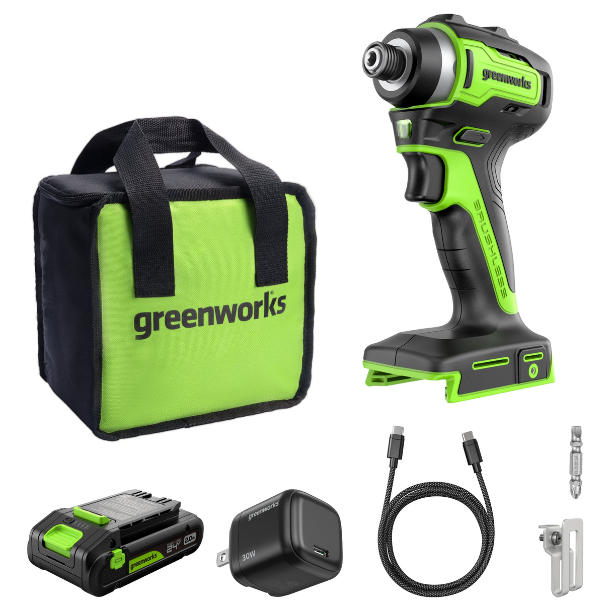 24V 1/4" 1950 in/lbs Brushless Impact Driver Kit – 2.0Ah USB-C Battery & 30W USB-C Fast Charger Included