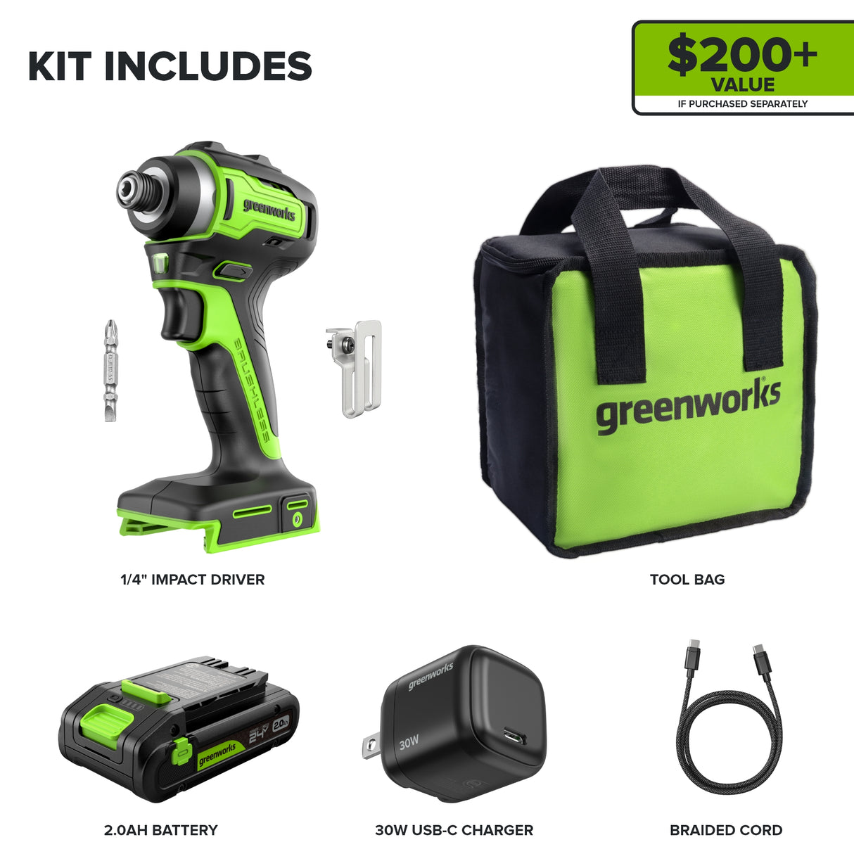 24V 1/4" 1950 in/lbs Brushless Impact Driver Kit – 2.0Ah USB-C Battery & 30W USB-C Fast Charger Included