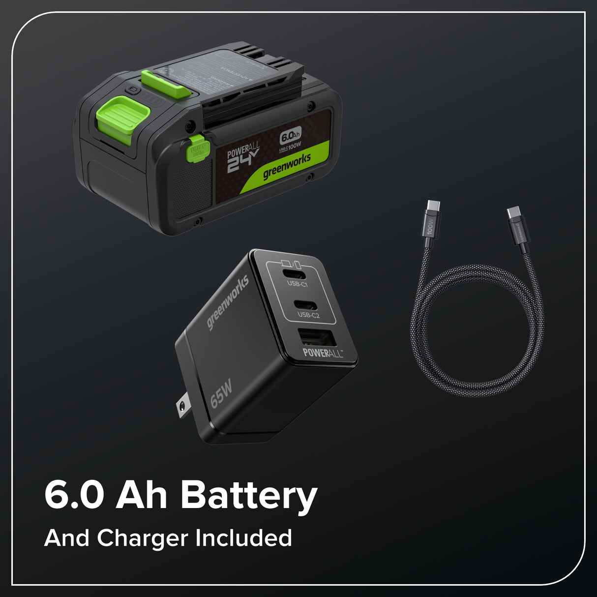 24V 15" Brushless String Trimmer, 6.0Ah Battery and 65W Type-C Charger with 3-FT Cable Included