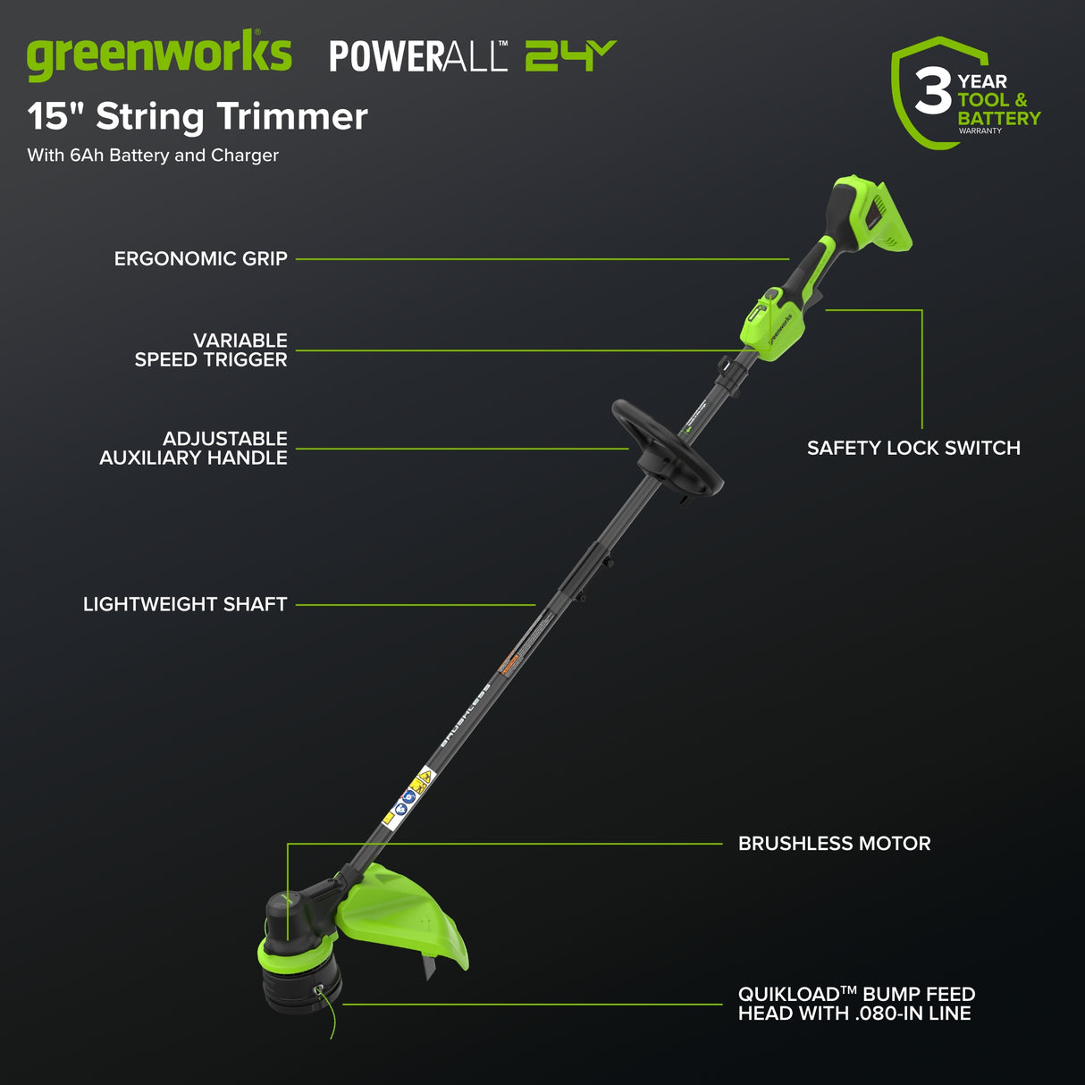 24V 15" Brushless String Trimmer, 6.0Ah Battery and 65W Type-C Charger with 3-FT Cable Included