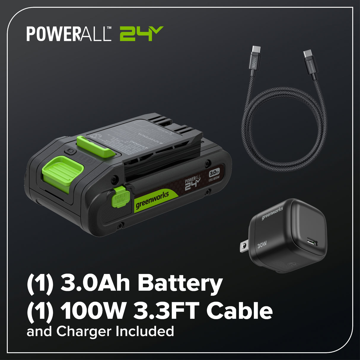 24V 270 CFM - 130 MPH Brushless Blower, 3.0Ah Battery and 30W Type-C Charger with 3-FT Cord Included