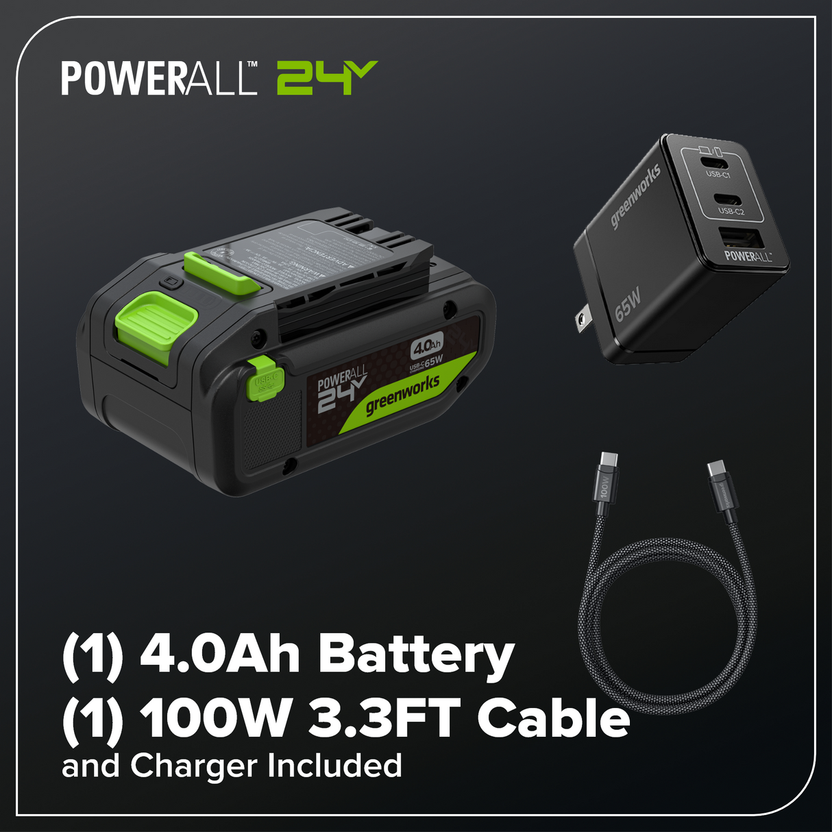 24V 13" Brushless String Trimmer, 4.0Ah 21700 Battery and 65W Type-C Charger with 3-FT Cable Included
