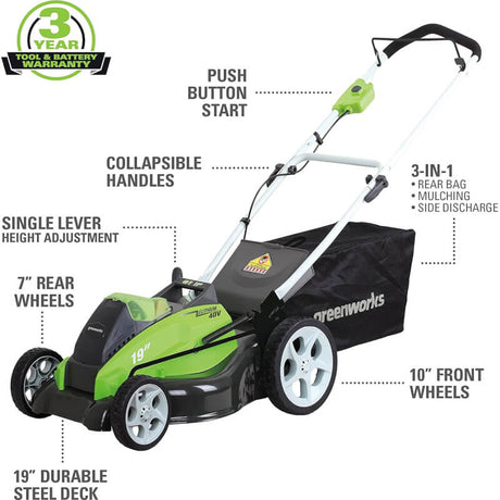 Greenworks 40V 19-Inch Lawn Mower, Battery and Charger Not Included (Tool Only)