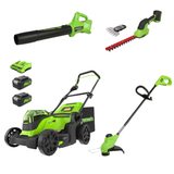 24V 4-Piece Combo – 17” Mower, 12” Trimmer, 320 CFM Blower, Shrubber Shear, (2) 4.0Ah Batteries & Dual-Port Charger
