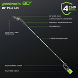 Greenworks 80V 10" Pole Saw with (2) Extra Chains and Shoulder Strap (Tool Only)