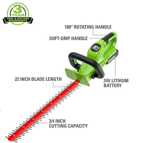 24V 22" Hedge Trimmer with Rotating Handle, 1.5Ah USB Battery and Charger