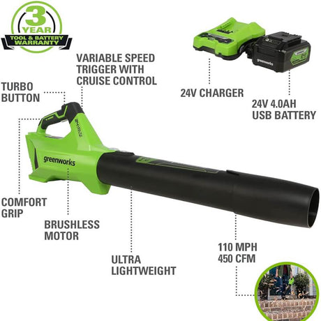 24V Brushless Leaf Blower, 4.0Ah USB Battery and Charger Included - BL24L410