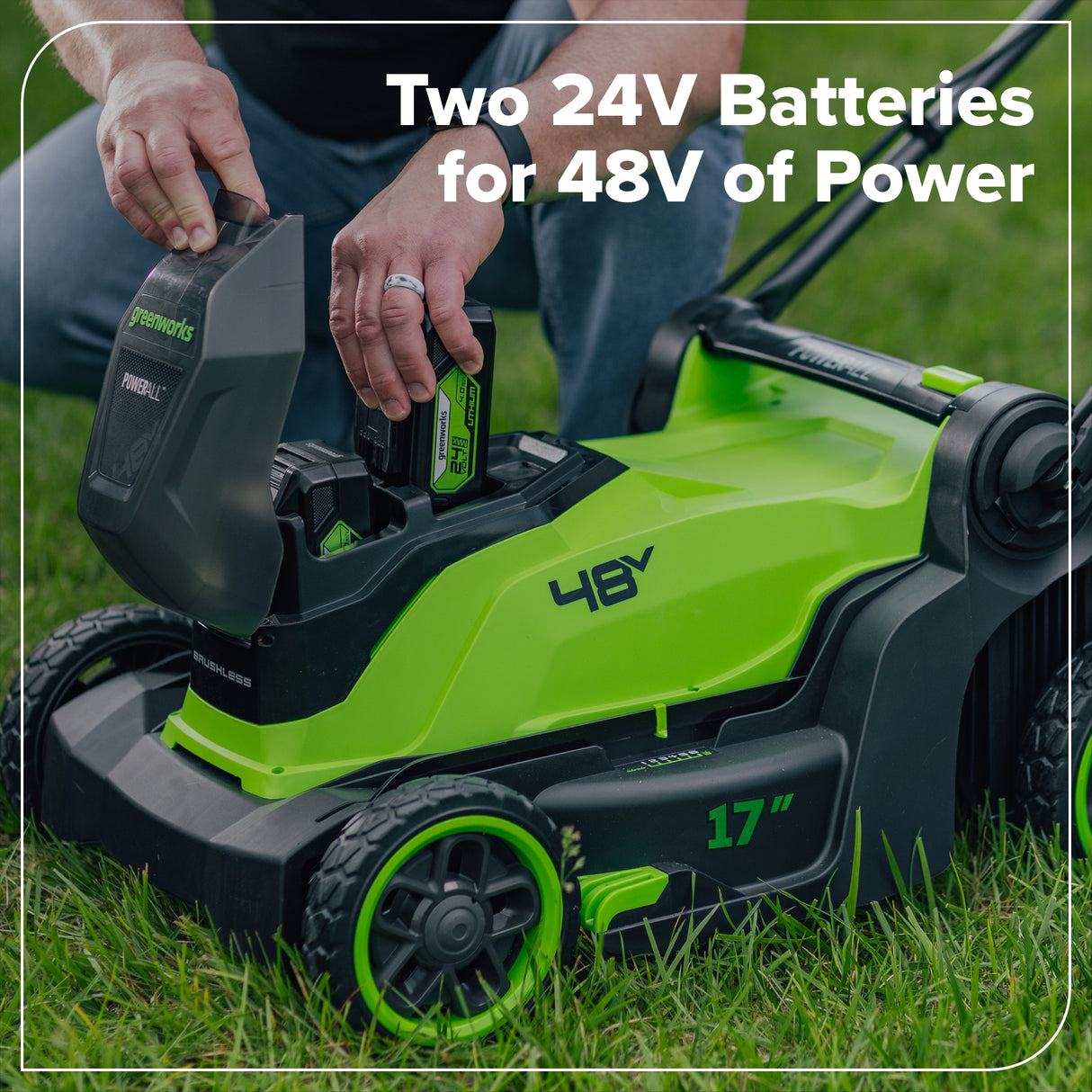 48V (24V x 2) 17" Brushless Lawn Mower, (2) 4.0Ah Batteries & 2-Port 65W Type-C Charger with (2) 3-Ft Cords Included