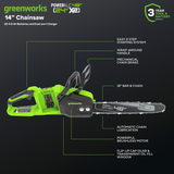 Scie à chaîne à batterie sans fil 48 V (24 V x 2), 14 pouces, avec deux (2) batteries USB 4,0 Ah et chargeur double port