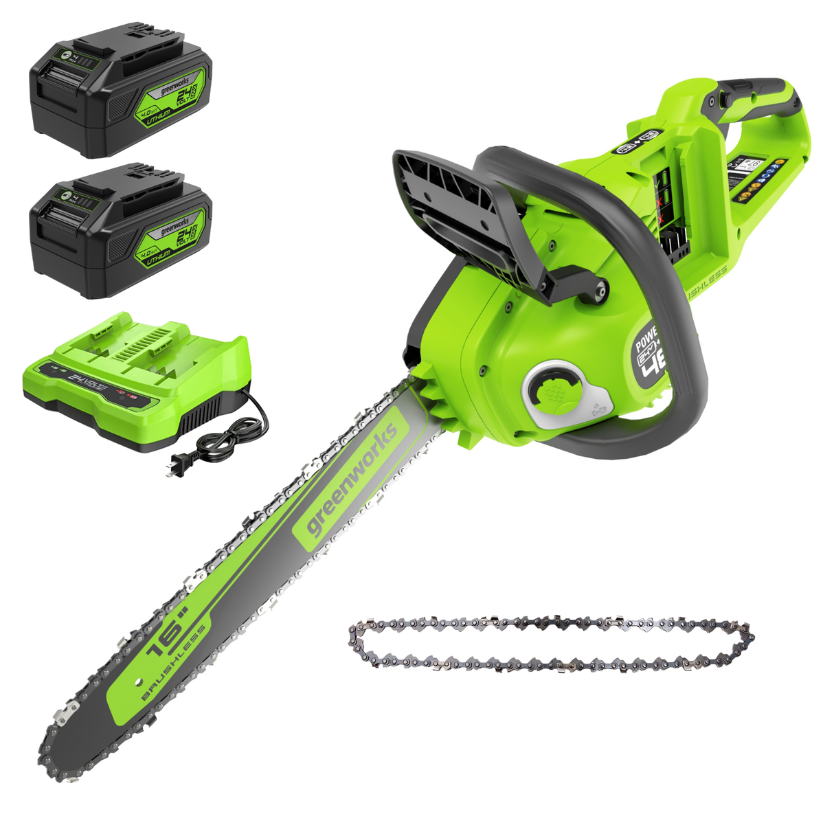 Greenworks 2X24V (48V) 16'' Chainsaw, (2) 4.0Ah Batteries & Charger Included BONUS: Extra Chain