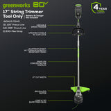 80V 17" Brushless String Trimmer (Tool Only) BONUS: Shoulder Strap and Extra Line