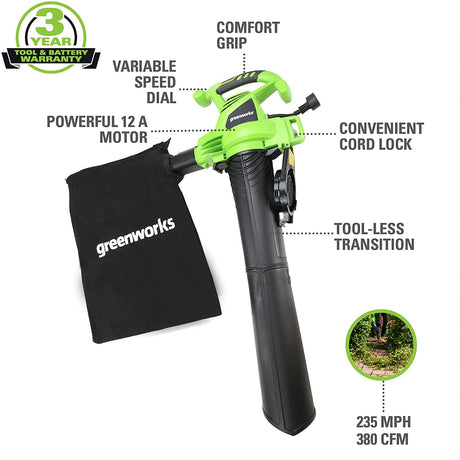 12 Amp Corded 380 CFM Leaf Blower / Vacuum