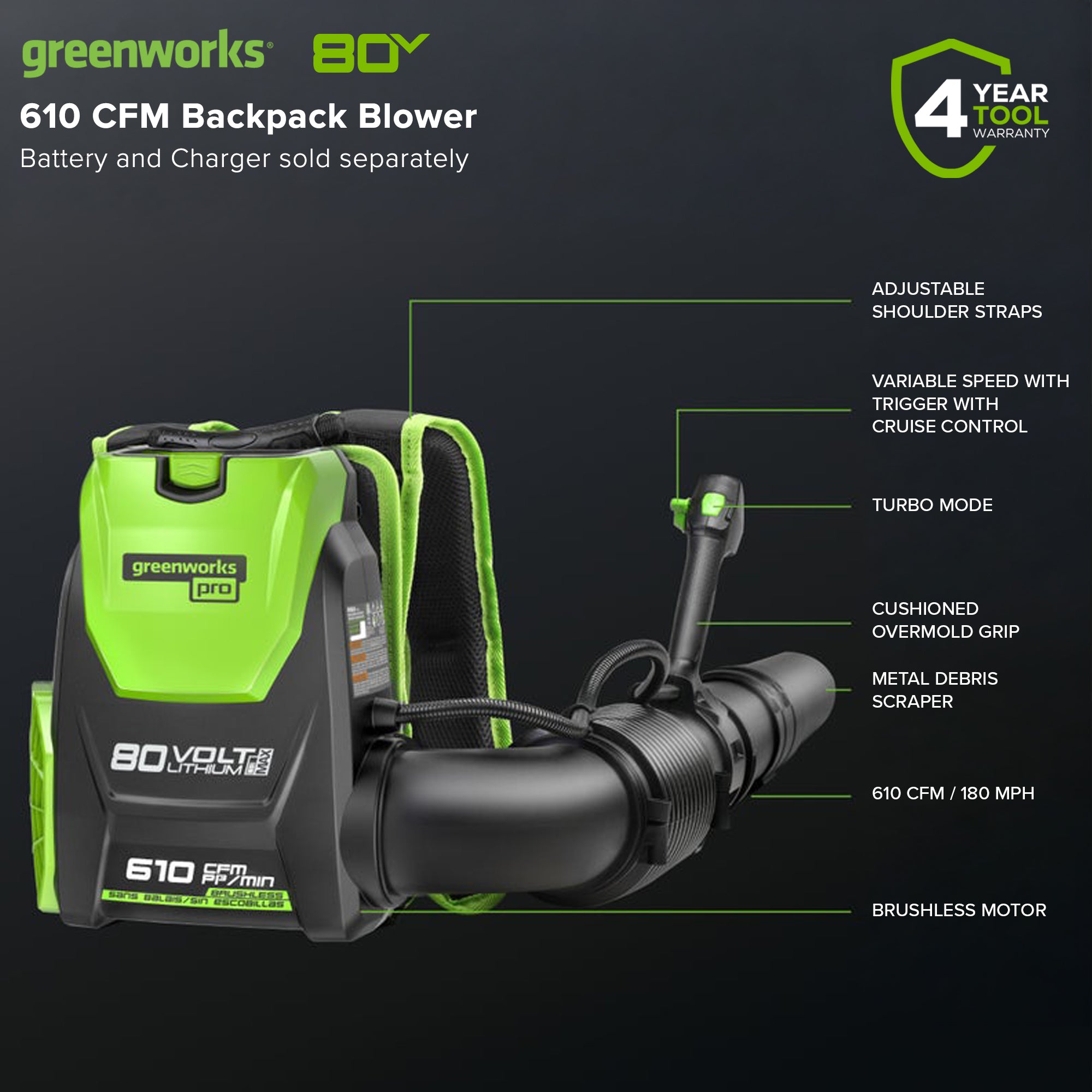 80V 180 MPH - 610 CFM Brushless Backpack Blower (Tool Only