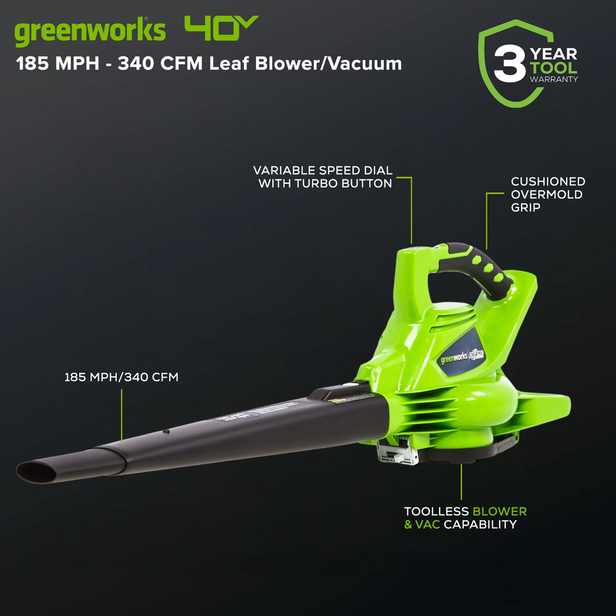 Souffleur/Aspirateur à feuilles sans balais 40 V, 185 MPH - 340 CFM (pi³/min) (Outil seulement)