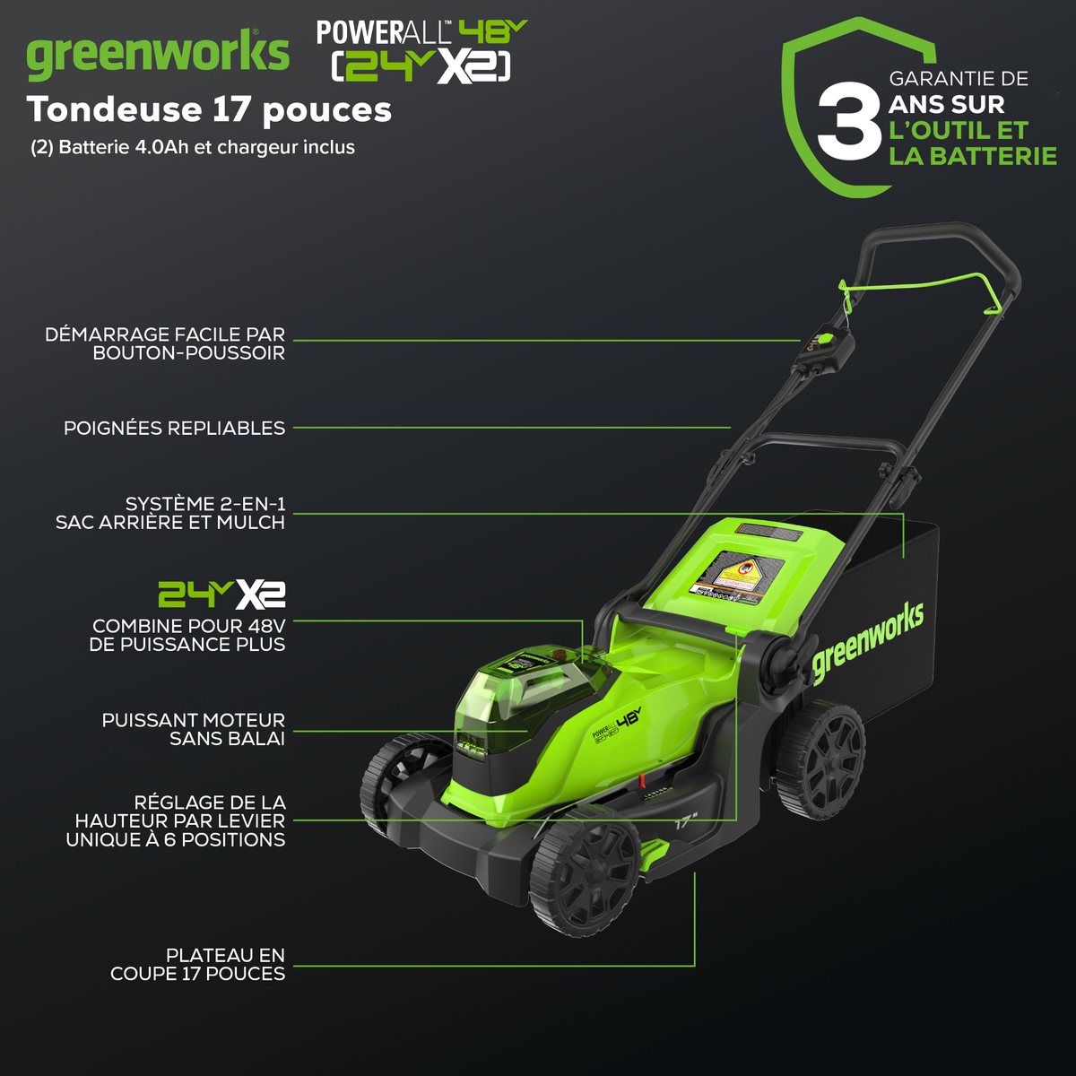 24V 4-Piece Combo – 17” Mower, 12” Trimmer, 320 CFM Blower, Shrubber Shear, (2) 4.0Ah Batteries & Dual-Port Charger