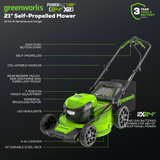 48V (24V x 2) 21" Brushless Self-Propelled Mower, (2) 5Ah USB Batteries and 4A Dual Port Charger