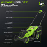 24V 14" Brushless Lawn Mower, 5.0Ah Battery and 65W Type-C Charger Included
