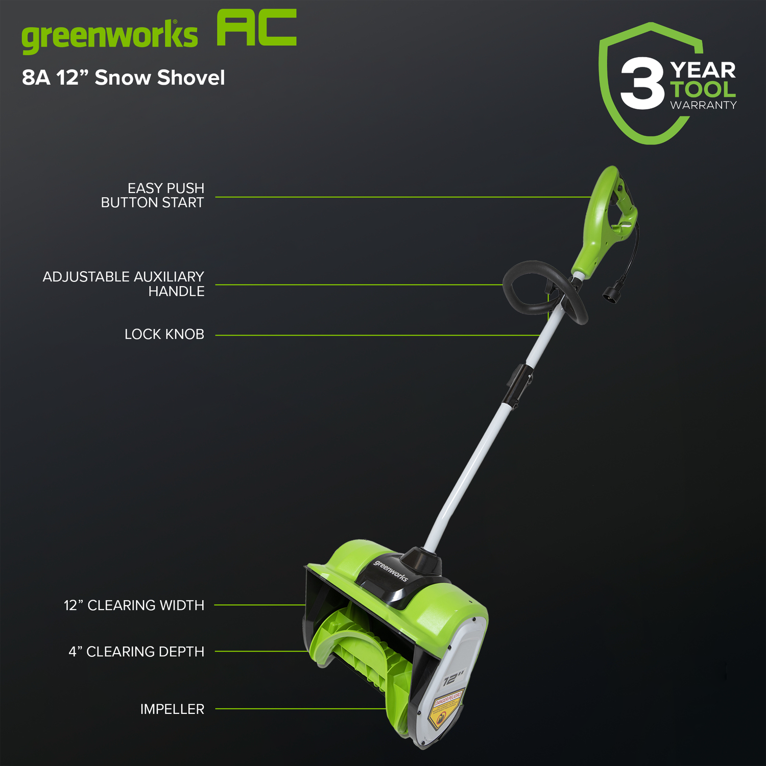 Greenworks 8 Amp 12-Inch Corded Snow Shovel – Greenworks Tools Greenworks 8 Amp 12-Inch Corded Snow Shovel – Greenworks Tools