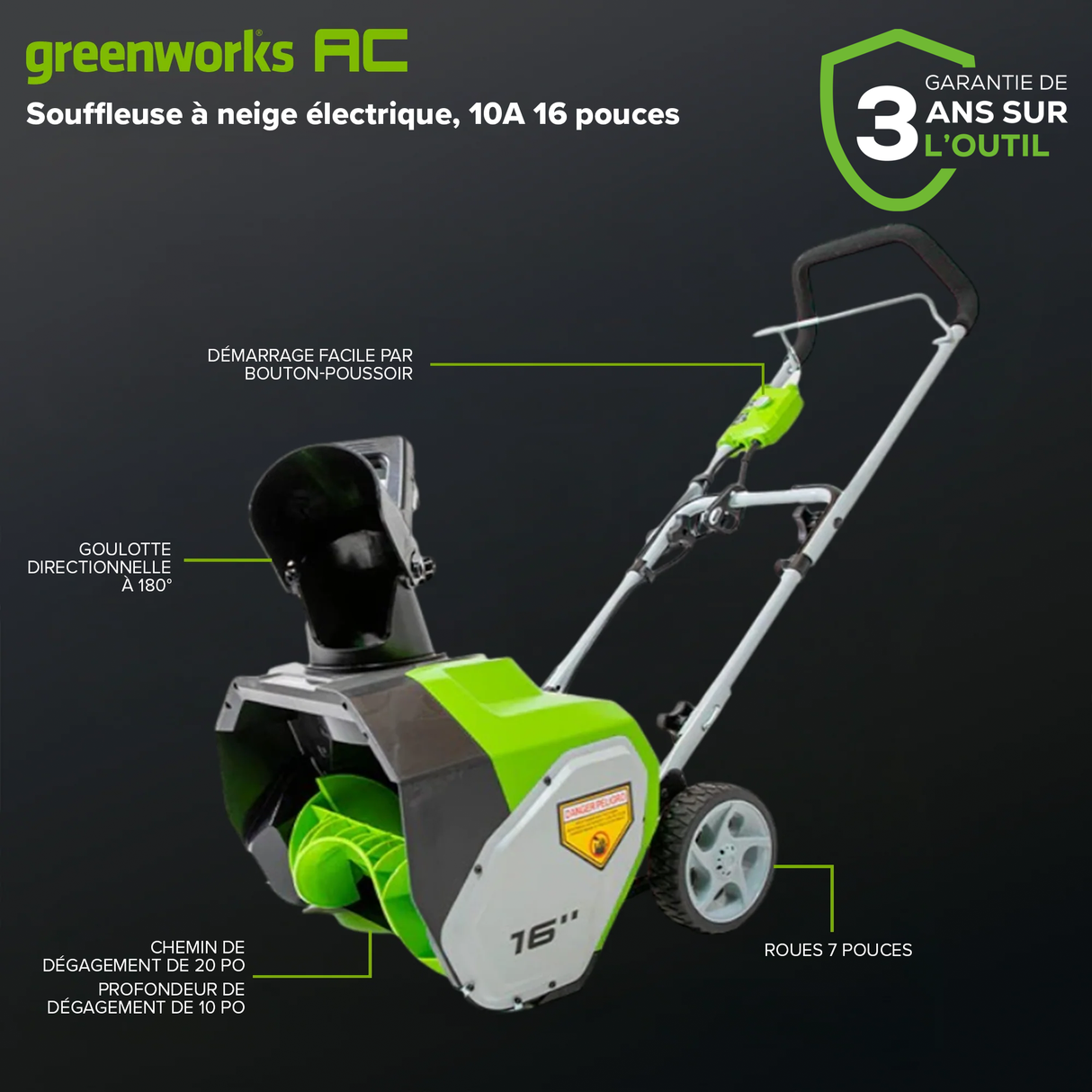 Souffleuse à neige électrique Greenworks de 10 A, 16 pouces