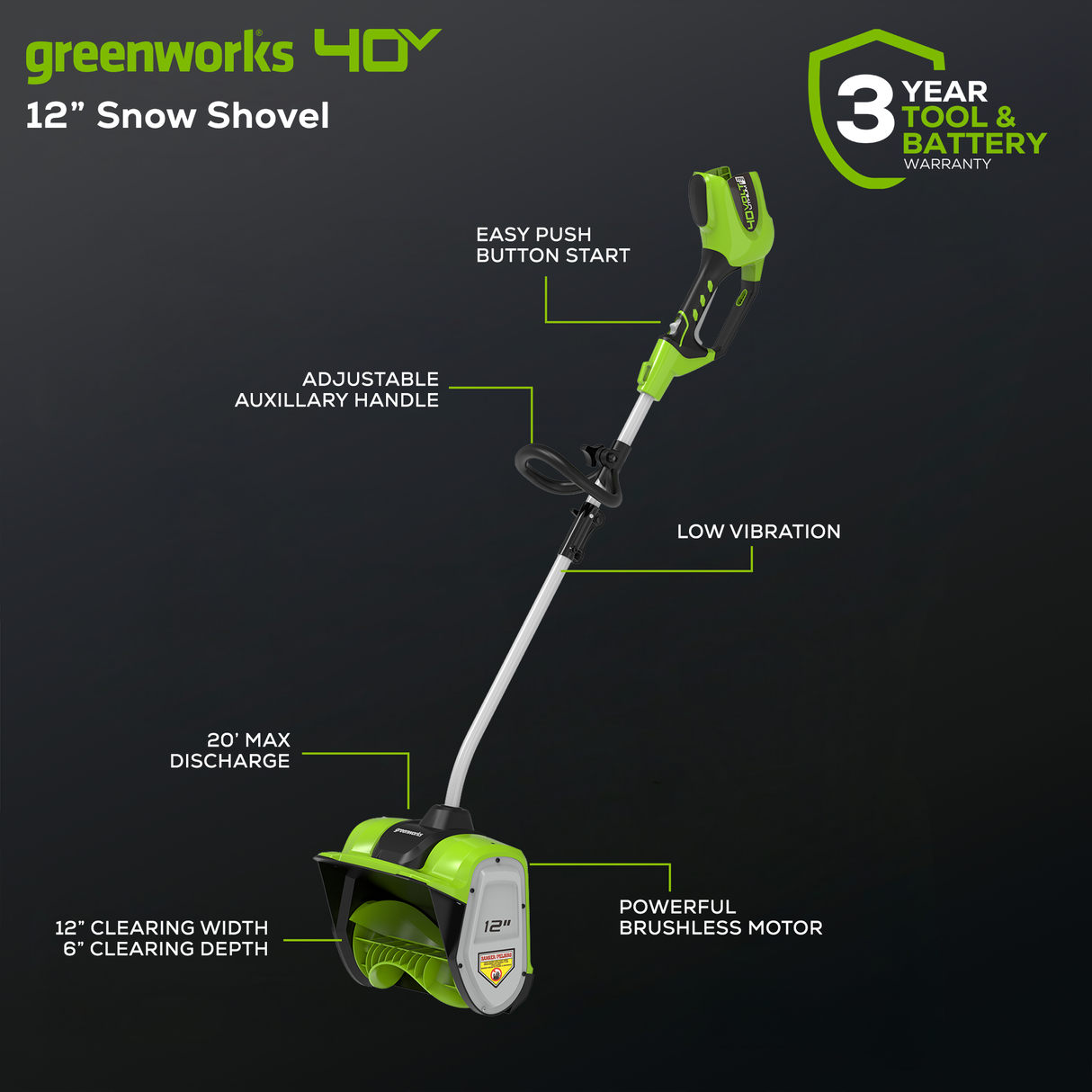 Greenworks 40V 12" Cordless Snow Shovel, 4.0Ah Battery and Charger Included