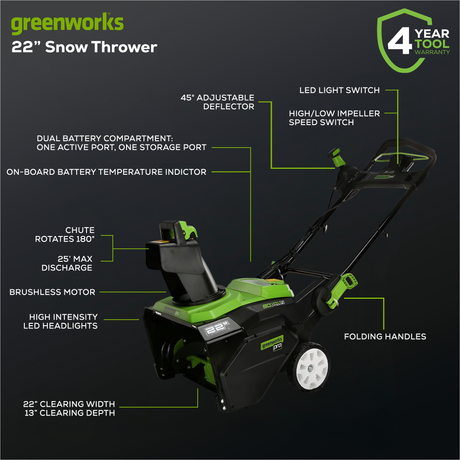 80V 22" Snow Thrower, 4.0Ah Battery and Rapid Charger Included