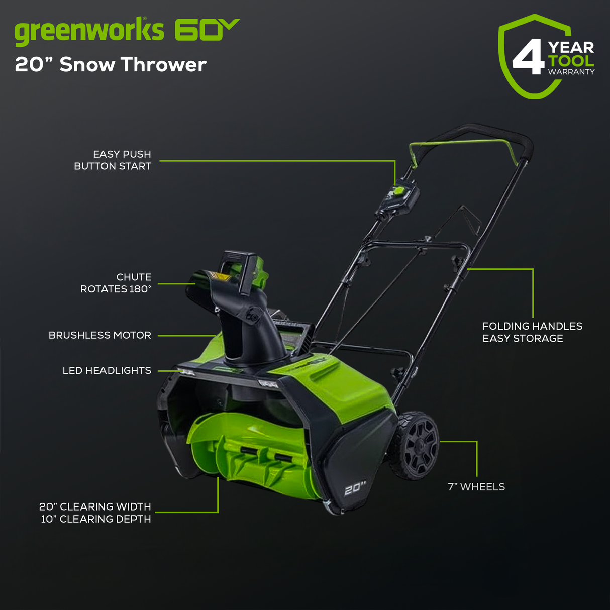 Greenworks 60V 20" Snow Thrower (Tool Only)