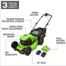 Load image into Gallery viewer, 48V (2 x 24V)  20&quot; Brushless Push Mower, (2) 4Ah USB Batteries and 4A Dual Port Charger
