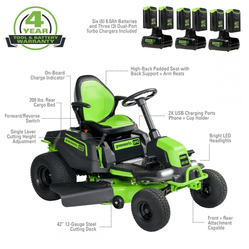 60V 42" Crossover T Tractor Riding Lawn Mower, (6) 8.0Ah Batteries and (3) Dual Port Turbo Chargers