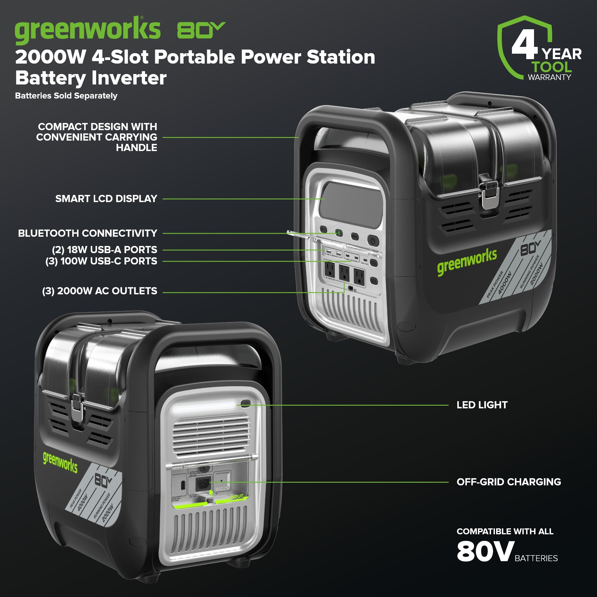 80V 2000W 4-Slot Inverter Portable Power Station (Tool Only