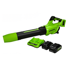 Load image into Gallery viewer, 48V (2 x 24V) 515 CFM - 125 MPH  Leaf Blower, (2)  2.0Ah USB Batteries and 4A Dual Port Charger Included
