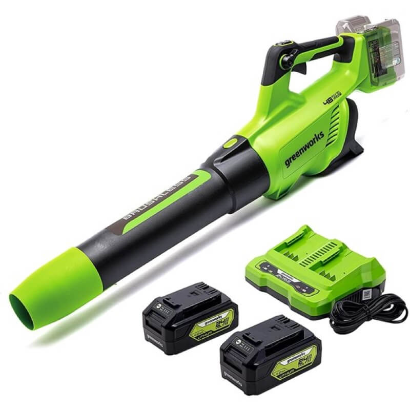 48V (2 x 24V) Brushless Axial Leaf Blower 140 MPH - 585 CFM, (2) 4.0Ah USB Batteries and Dual Port Charger Included, BL48L4410