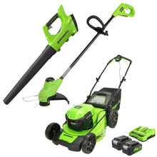 Load image into Gallery viewer, 48V (2 x 24V) 20&quot; Lawn Mower &amp; 24V 10&quot; String Trimmer &amp; 24V Blower Combo, (2) 24V 4Ah Batteries and Charger Included
