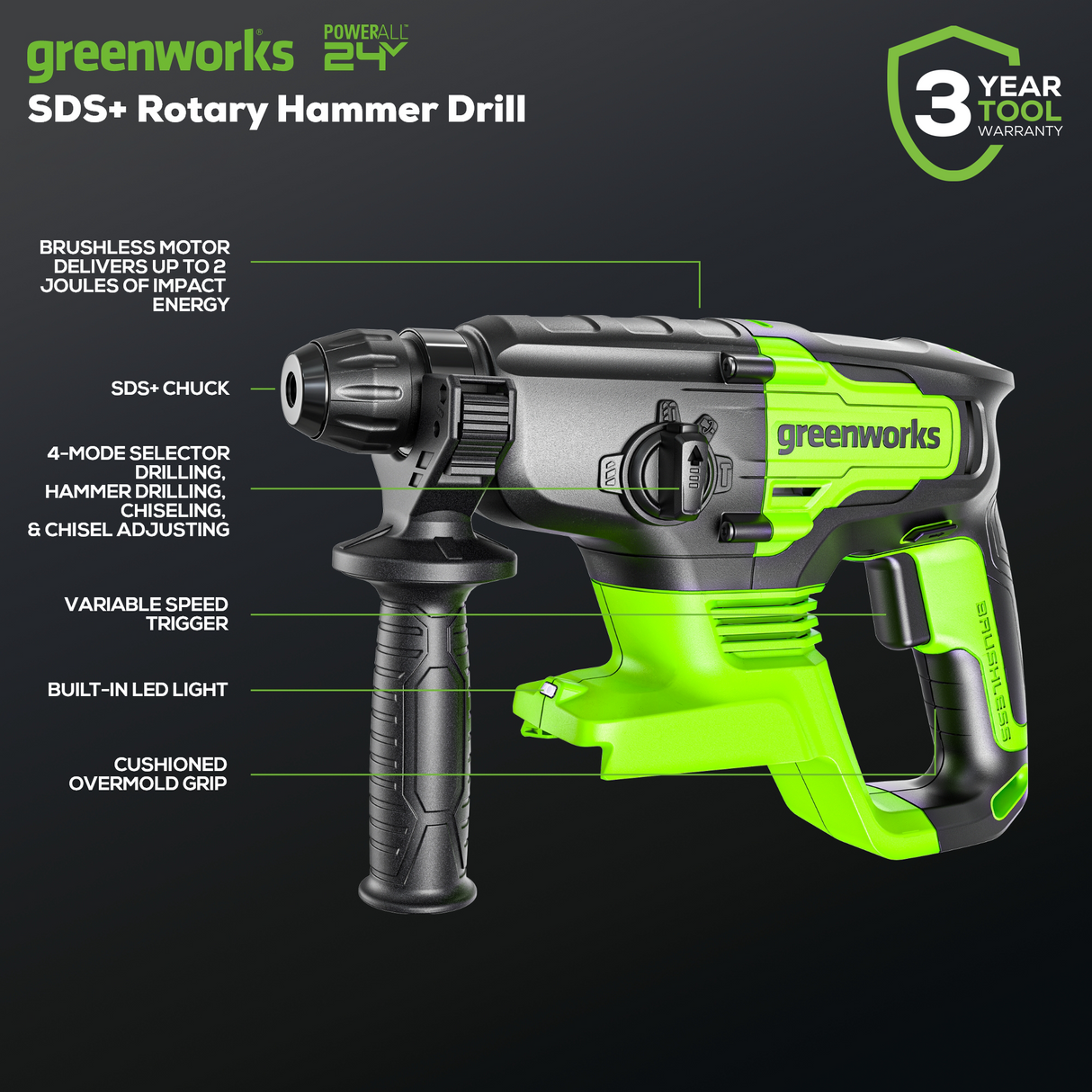 24V Brushless SDS Plus Rotary Hammer (Tool Only) - HM24L00