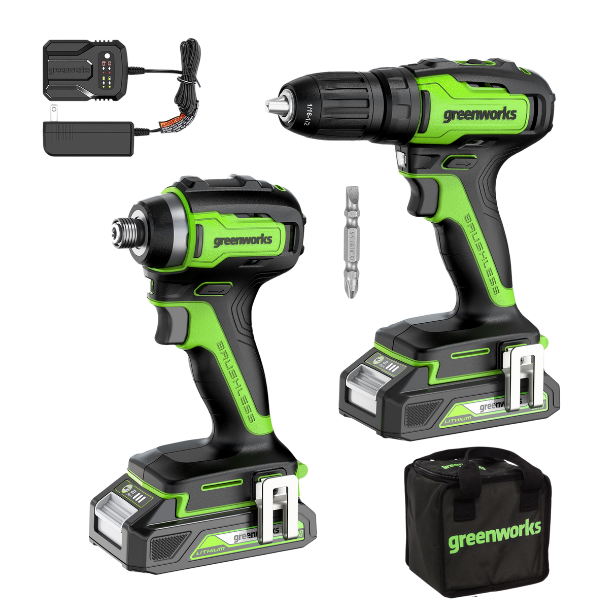 24V Brushless Drill / Driver and Impact Driver, (2) 2.0Ah Batteries & Charger Included