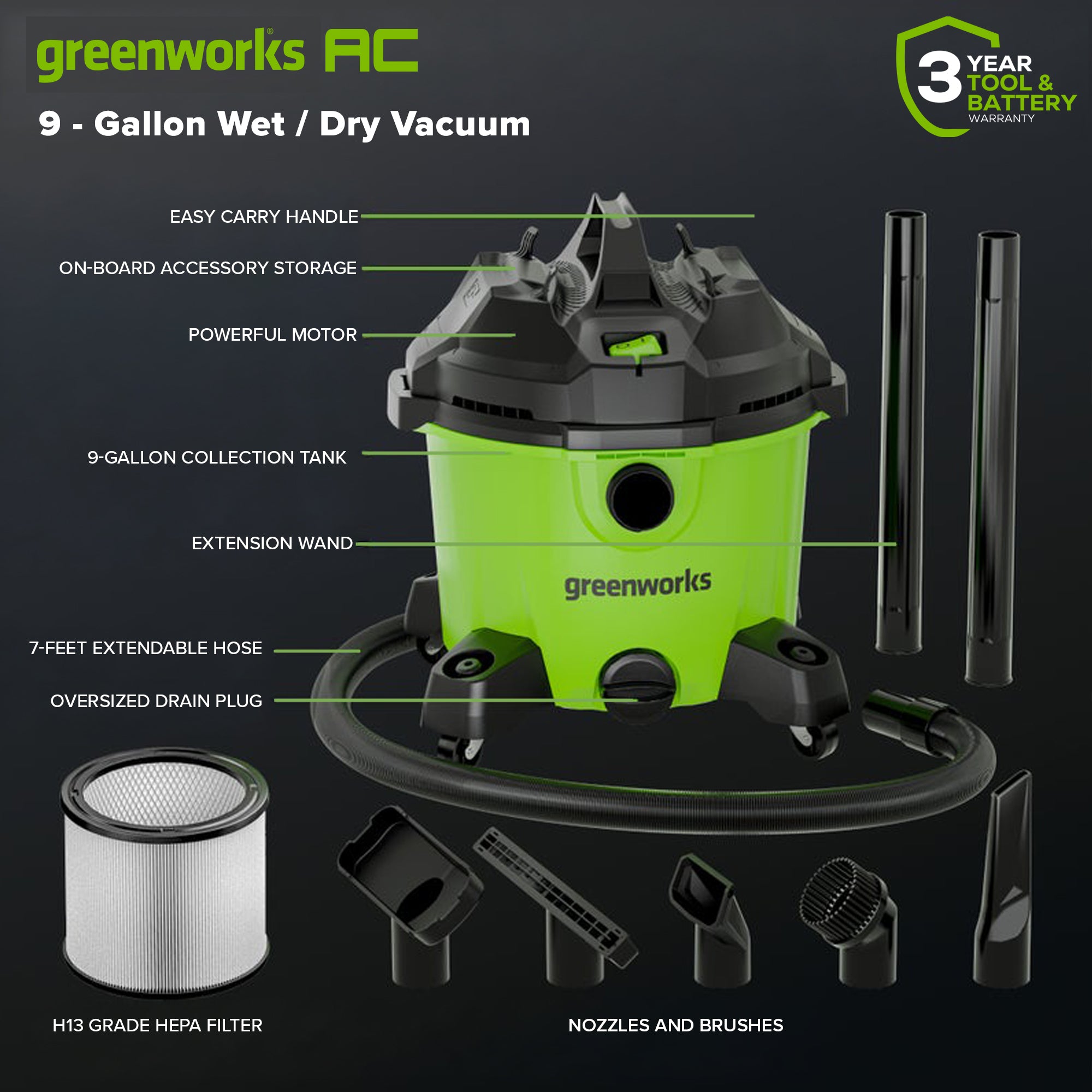 Corded 34L (9-Gallon) Wet/Dry Vacuum – Greenworks Tools Canada Inc.